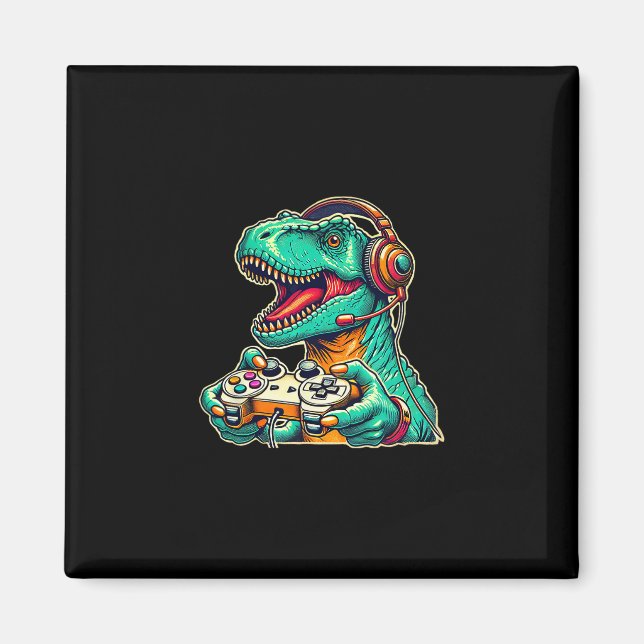 T-rex Spelande Med Hörlurar Rolig Dinosaurie Spela Magnet (Framsidan)