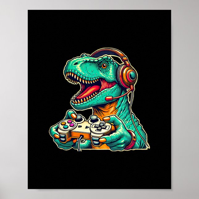 T-rex Spelande Med Hörlurar Rolig Dinosaurie Spela Poster (Framsidan)