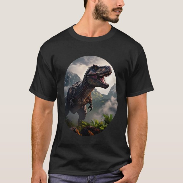 T-Rex standing before a rugged mountain range T Shirt (Framsida)