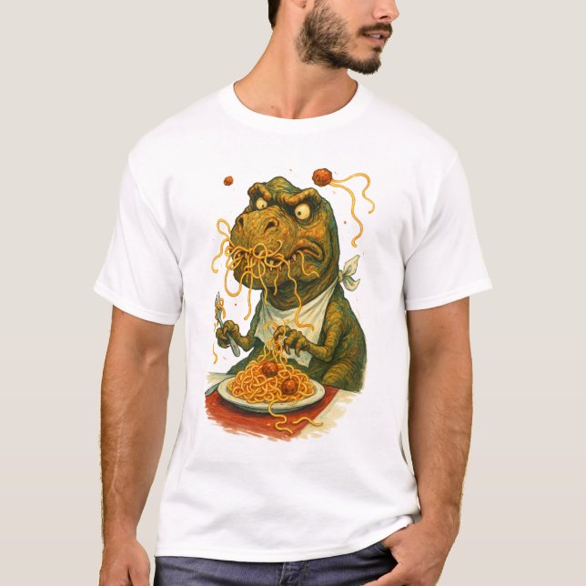 T-Rex Strugga till Eat Spaghetti T Shirt (Framsida)