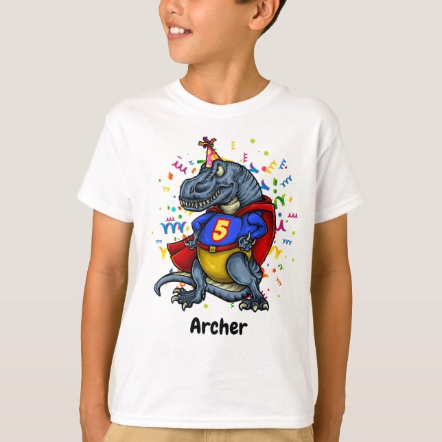 T-Rex Superhjälte 5:e födelsedagen T Shirt (Framsida)