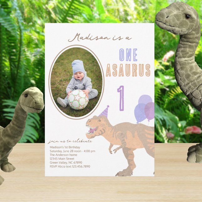T-Rex Tan Photo any age Cute 1:a födelsedag Party Inbjudningar (Fully editable so you can change from 1st dinosaur birthday party to any date you might need)