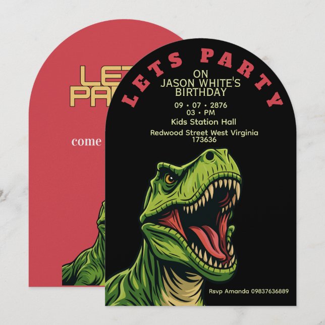 T-Rex Temat Pojk Födelsedagsinbjudan Inbjudningar (Fram/baksida)