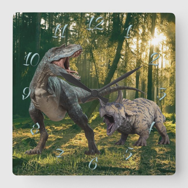 T.Rex-Triceratops Fyrkantig Klocka (Framsida)