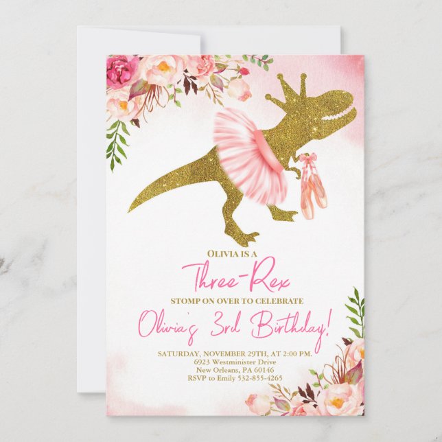 T-Rex Tutus Birthday Inbjudan,  Rosa Tutus Inbjudningar (Framsida)
