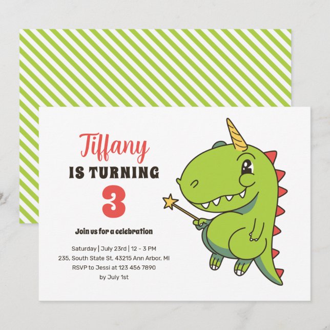 T-Rex Unicorn Fairy Kids Dinosaur Birthday Inbjudningar (Fram/baksida)