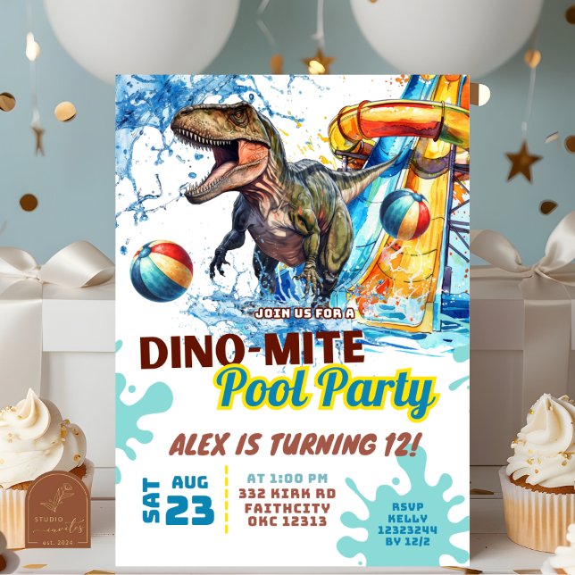 T-Rex vattenrutschpool fest födelsedagsinbjudan Inbjudningar (Skapare uppladdad)