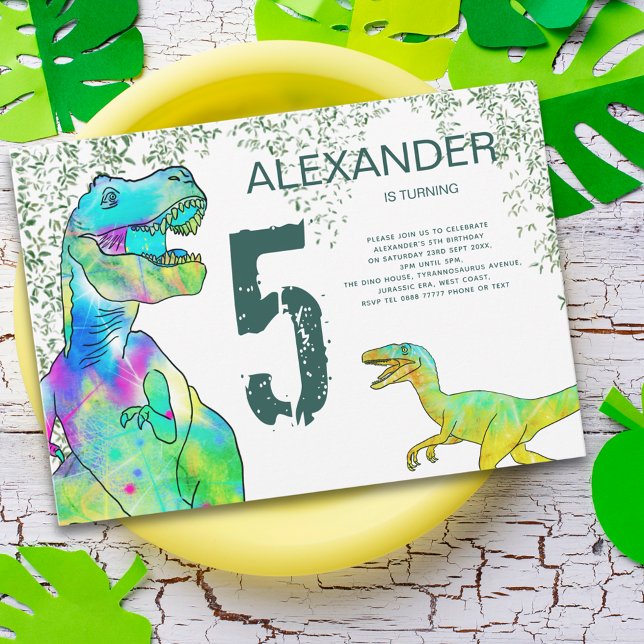 T-Rex Velociraptor Dinosaur 5-års födelsedagsfest Inbjudningar (T-Rex and velociraptor dinosaur 5th birthday party invitation  Jurassic jungle watercolor foliage)