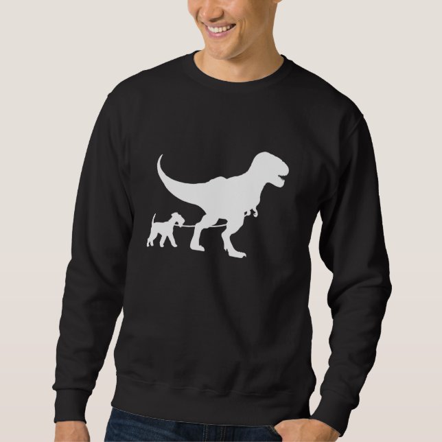 T-Rex Walking a Hund Funny Airedale Terrier Pappa  Lång Ärmad Tröja (Framsida)