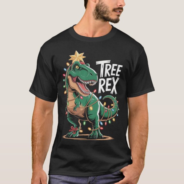 T-Rex Xmas Shirt – Dinosaurier mit Lichterkette T Shirt (Framsida)