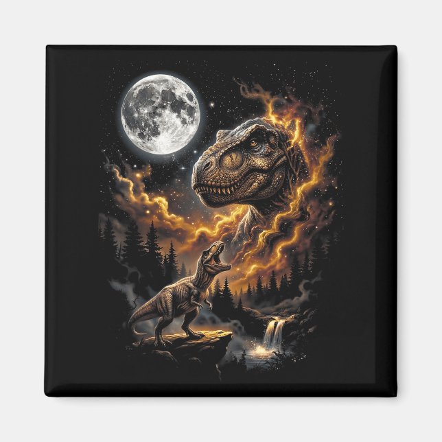 T rex ylar mot månen retro 90s rolig magnet (Framsidan)