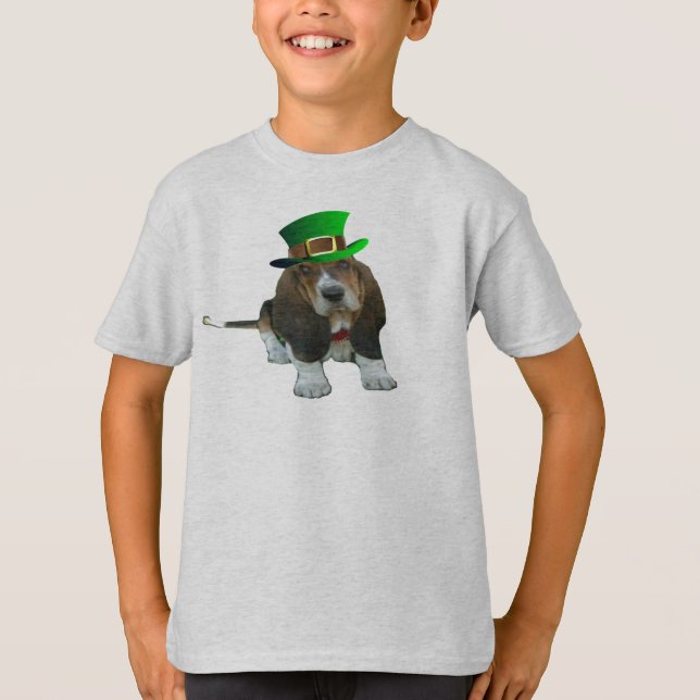 T-Shirt Basset Hound Lycklig St. Patrick's Klöver (Framsida)