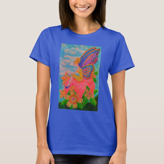 T-Shirt Butterfly Blue, fjärilblommor (Framsida)