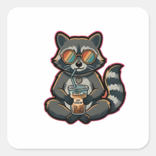 T-Shirt Cool Raccoon Dricker Oatmjölk Iced Coffee Fyrkantigt Klistermärke