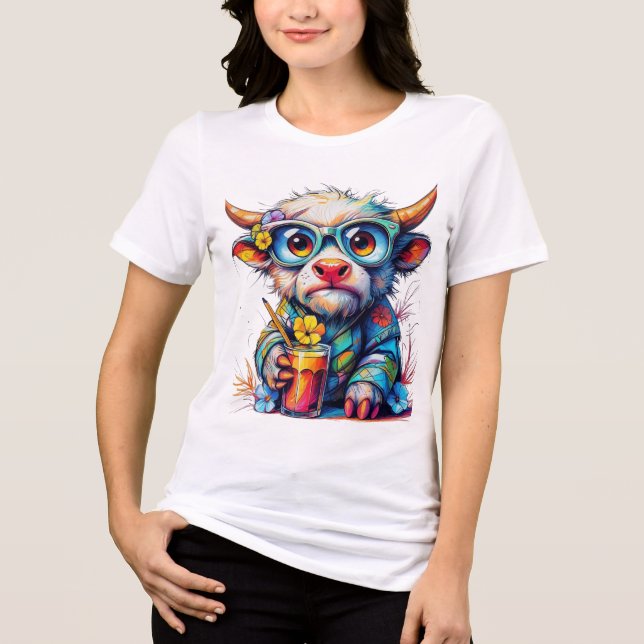 T-shirt Färgrik Ko med en Kall Dryck (Framsida)