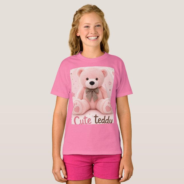 T-shirt för barn med rosa teddybjörn. (Hel framsida)
