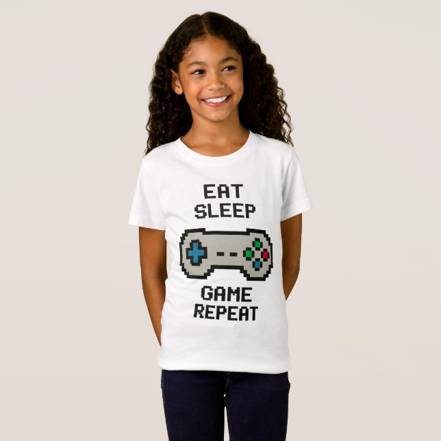 T-shirt för barn som spelar – Äta Sova Spela Uppre (Hel framsida)
