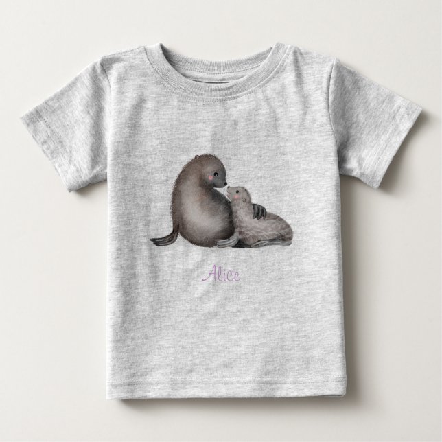 T-shirt för Cute mor och baby päls sälar (färg) (Framsida)