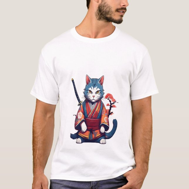 T-Shirt för japansk Samuraj Katt Ninja Krigare (Framsida)