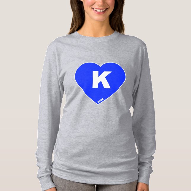 T-shirt för kvinnors blå och vita K-Heart-långärma (Framsida)