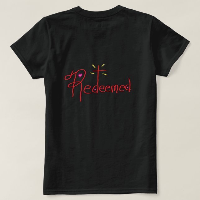 T Shirt ‘Förlöst’ Handritad Text Kors Hjärtan (Design baksida)