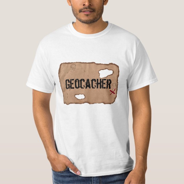 T-Shirt: Geocacher (Treasure Karta). Vit T Shirt (Framsida)