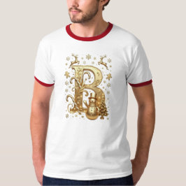 T-Shirt Gold Letter B Luxury Snowman Ringer White