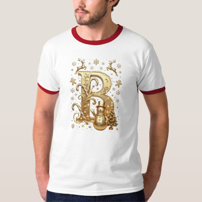 T-Shirt Gold Letter B Luxury Snowman Ringer White (Framsida)