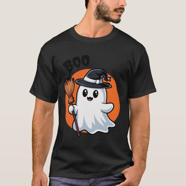 T-Shirt Halloween Ghost med WItches Broom (Framsida)