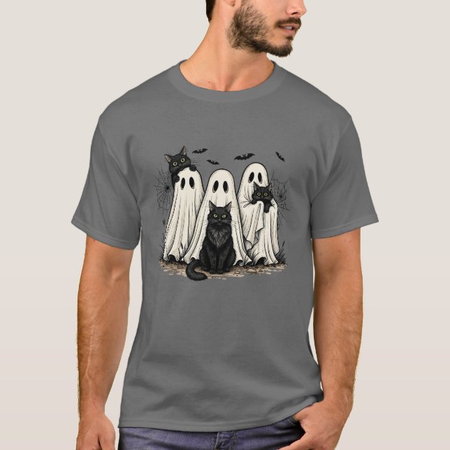 T-shirt Halloween Spooky Ghost Black Cat (Framsida)
