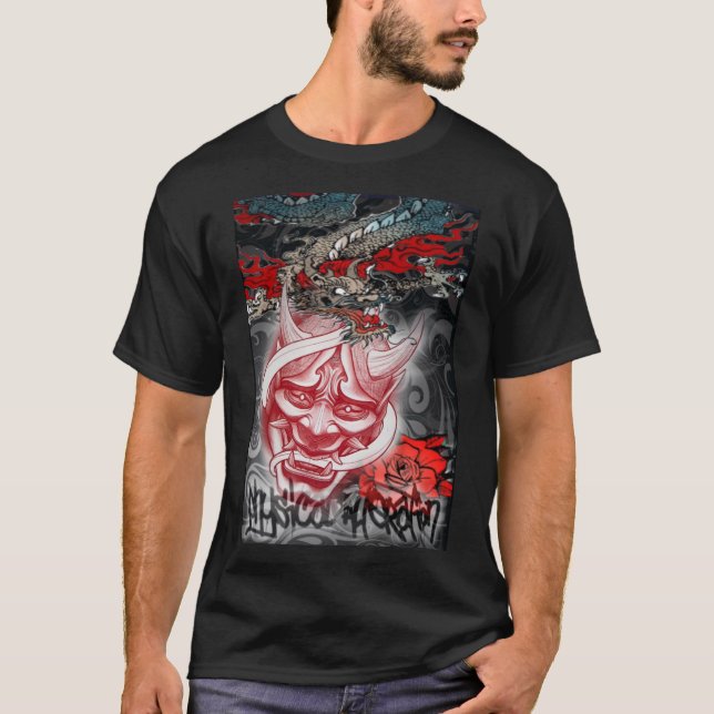 T-Shirt Japansk mask och drake (Framsida)