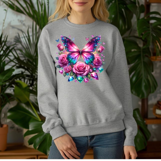 T-shirt med ädelstensfjäril och rosa rosor (Skapare uppladdad)