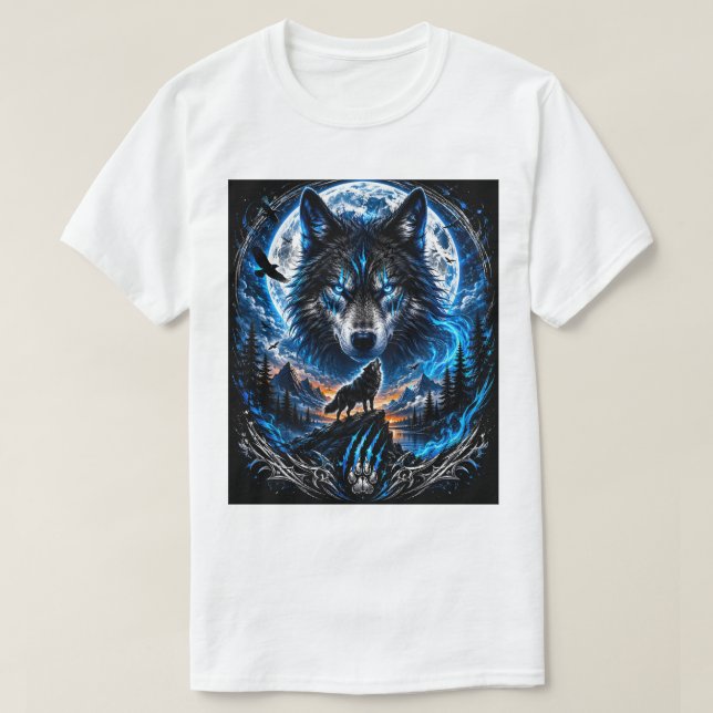 T-shirt med Blue Wolf Moon Fantasy Art (Design framsida)