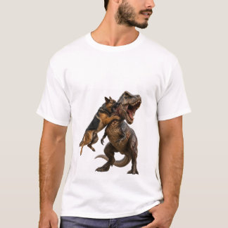 T-Shirt med episk kamp mellan hund och T-Rex