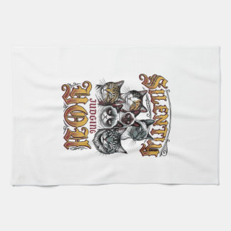 T-shirt med gammaldags kattgrafik som tyst bedömer kökshandduk