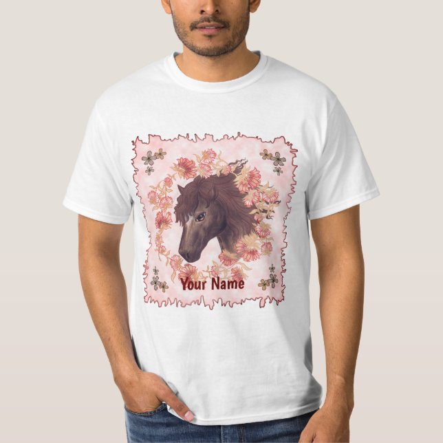T-shirt med häst kastanjebrun blomma (Framsida)