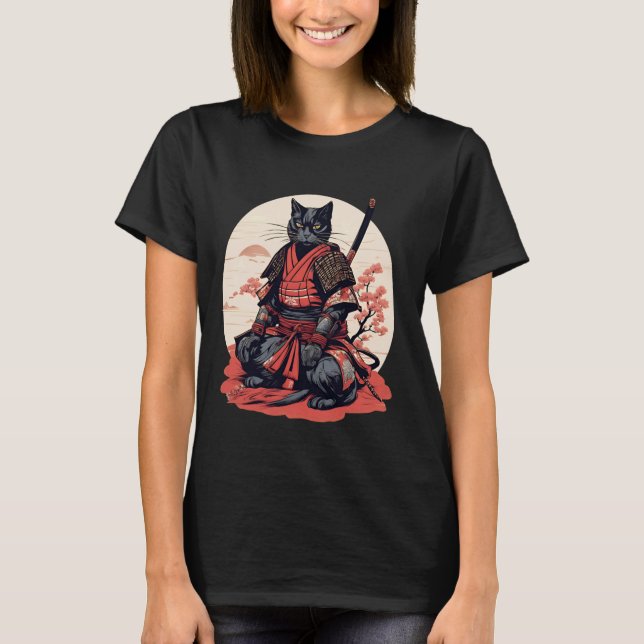 T-shirt med japansk retro samuraj katt krigare (Framsida)