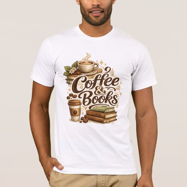 T-shirt med kaffe och böcker | Present till kaffef (Framsida)