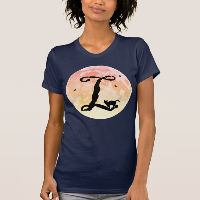 T-shirt med monogram för Fullmåne och katt L (Framsida)