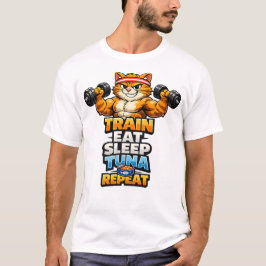 T-shirt med rolig katt på gymmet Train Eat Sleep T