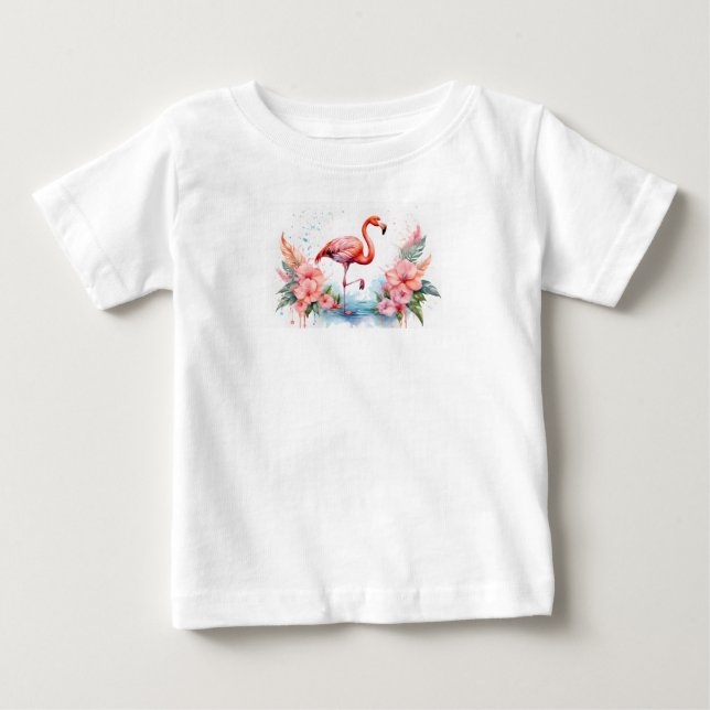T-shirt med rosa flamingo och blommor för flickor. (Framsida)