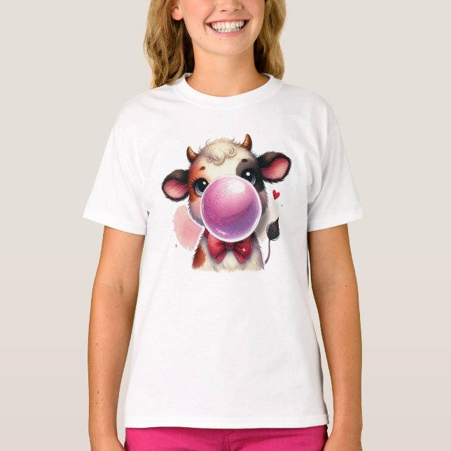 T-Shirt med söt ko som blåser bubbelgummi (Framsida)