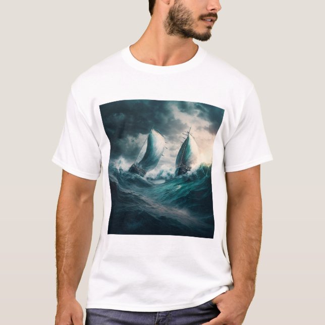 T-Shirt med två segelbåtar i stormen (Framsida)