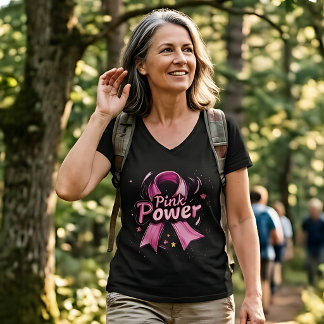 T-shirt med V-ringning och rosa band för cancerupp