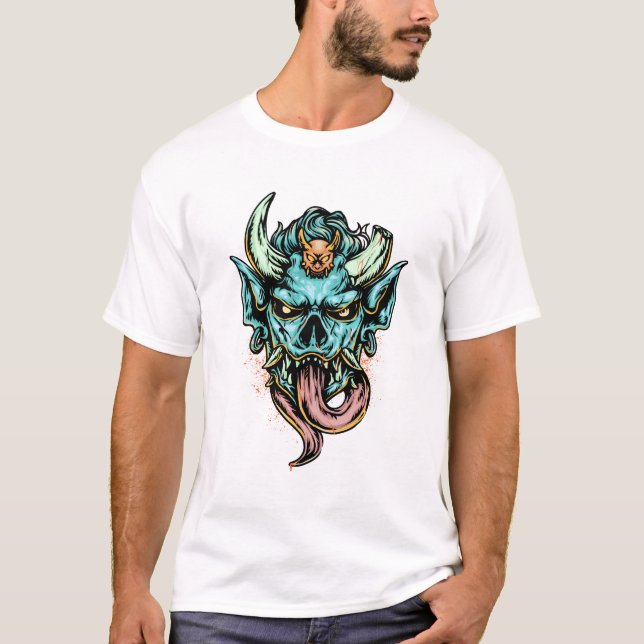T-shirt med vild blå Oni-maskdrake (Framsida)