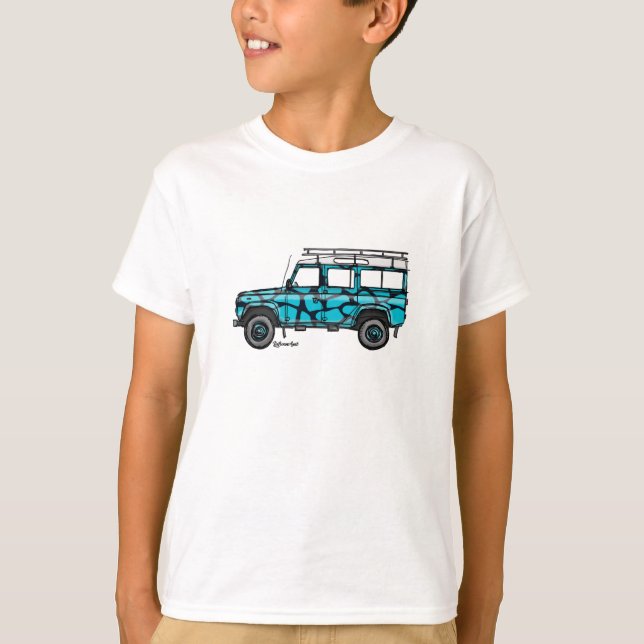 T-shirt met stoere Defender in blauwe giraf print (Framsida)