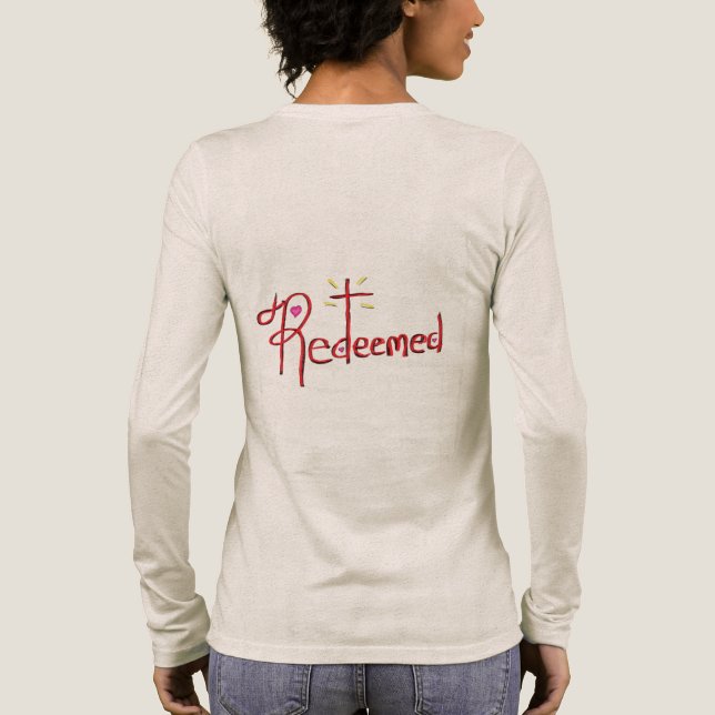 T Shirt ‘Redeemed’ Hand Drawn Text Cross Hearts (Baksida)