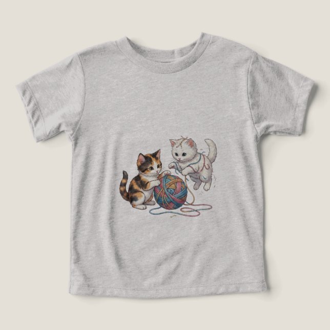 T-Shirt Söt Lekfulla Katter med Garnboll T-S (Design Framsida)
