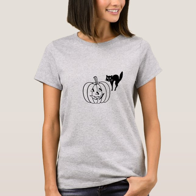 T-shirt - svart katt och Jack o lantern (Framsida)