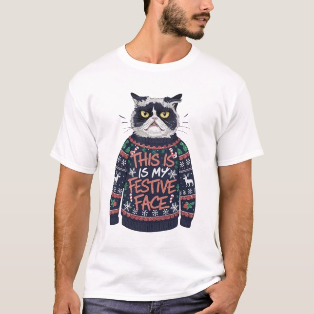 T-Shirt Ugly jul Sweater Cat (Framsida)